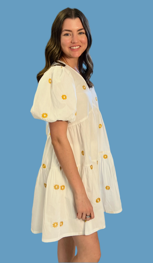 Daisy Floral Puff Sleeve Tiered Romper