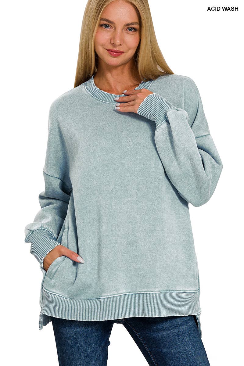 `Fleece Hi-low Sweatshirt With Pockets (Solid/Washed)