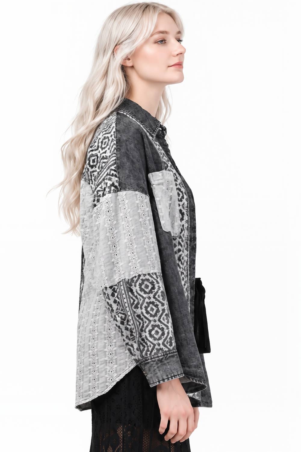 NT12456-Oversized Washed Denim Shirt Top W/ Cont Fabric