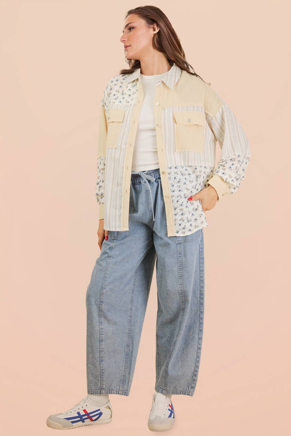 NT12471-Floral & Stripe Oversized Shacket Jacket