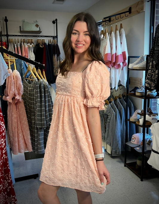 Texture Flower Ballon Sleeve Ribbon Mini Dress