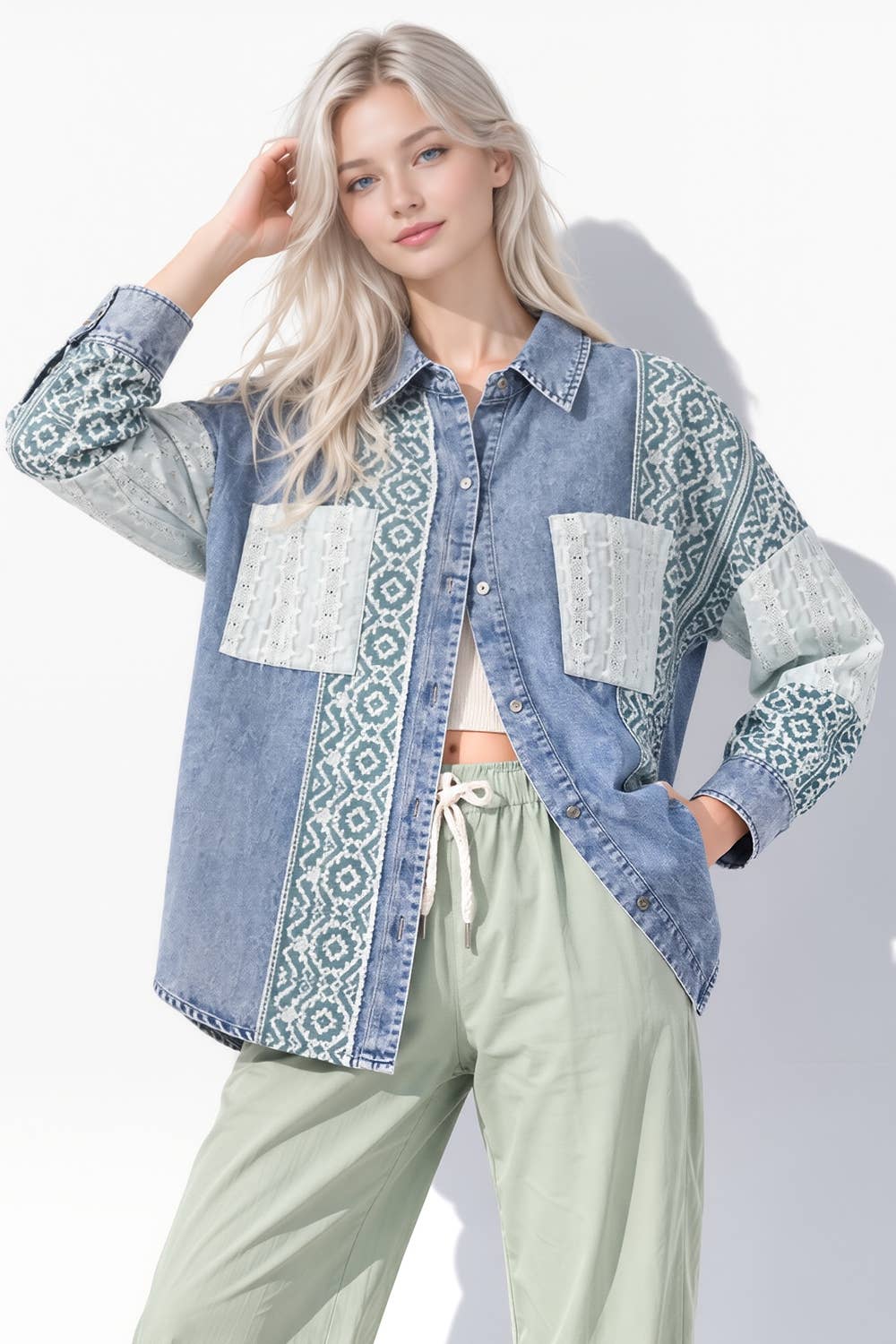 NT12456-Oversized Washed Denim Shirt Top W/ Cont Fabric