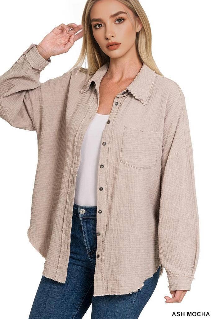 `Oversized Raw Edge Shirt W/ Back Patch Zenana