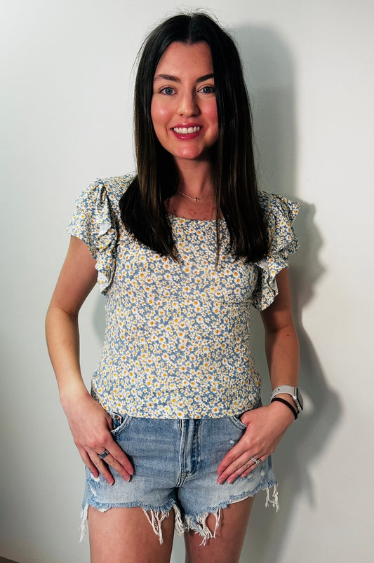 Floral Print Ruffle Sleeves Knit Top
