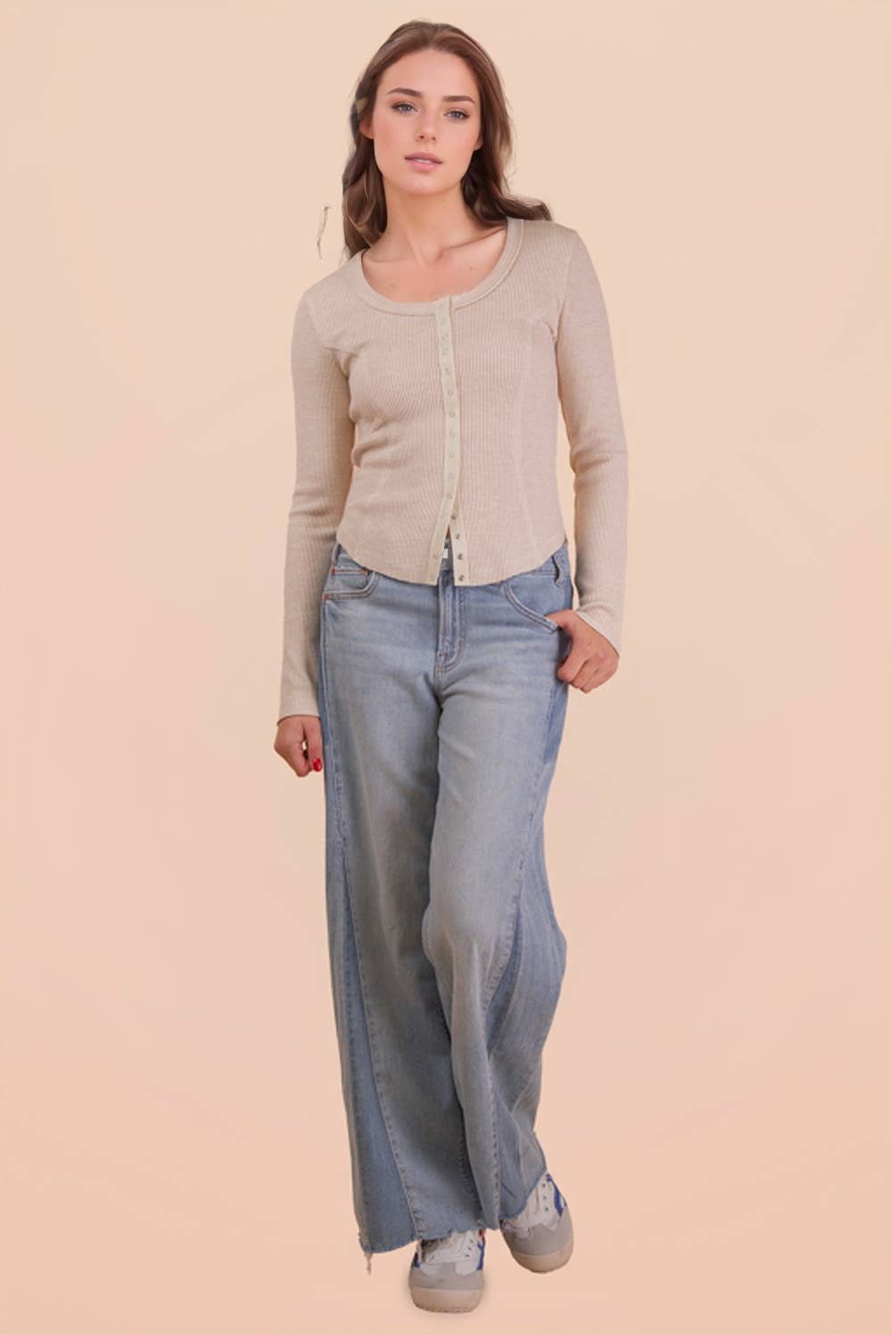 NT12243-Button Down Fitted Knit Casual Top