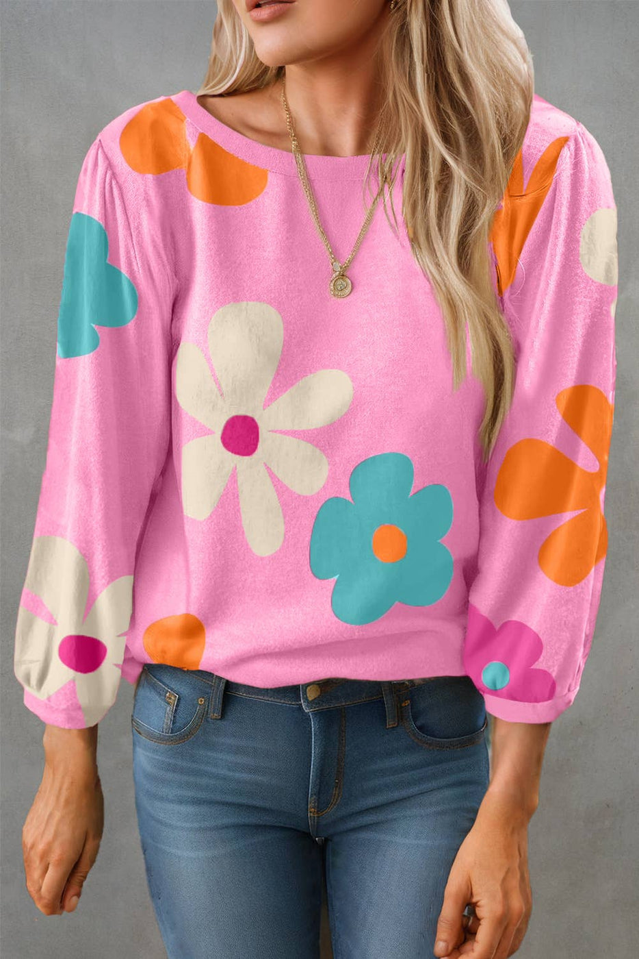 Woven Cute Flower Print Bracelet Sleeve Top