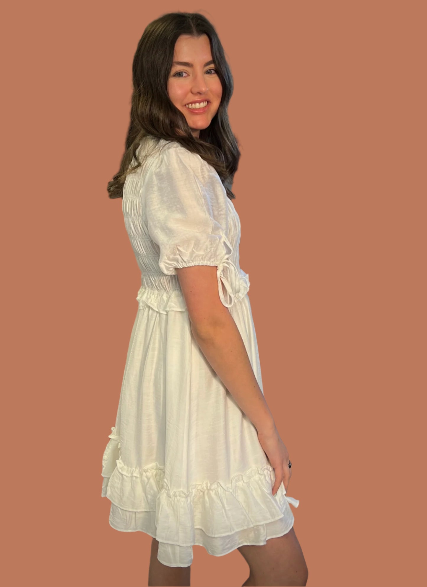 Tie Short Sleeves Smocked Ruffle Mini Dress