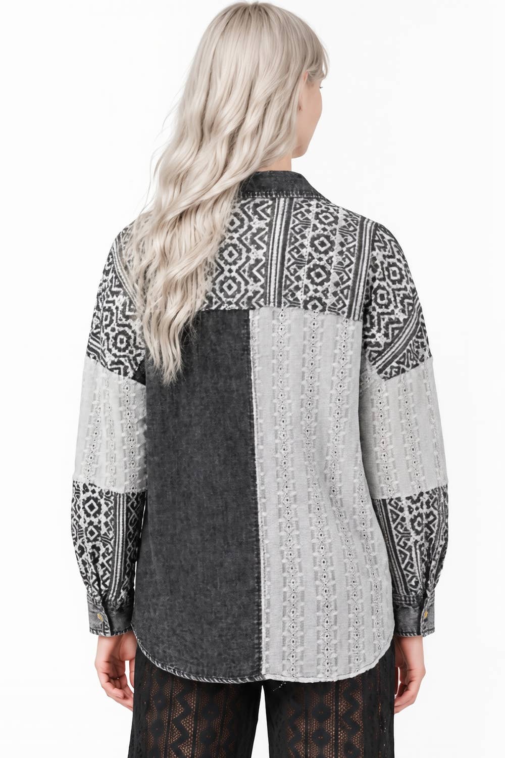 NT12456-Oversized Washed Denim Shirt Top W/ Cont Fabric
