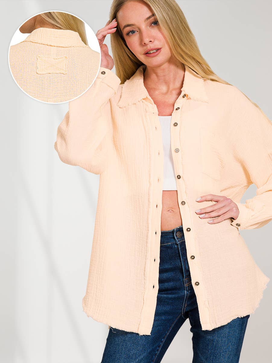 `Oversized Raw Edge Shirt W/ Back Patch Zenana