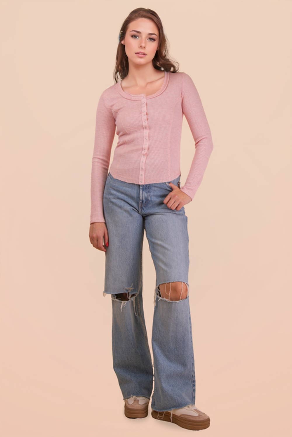 NT12243-Button Down Fitted Knit Casual Top