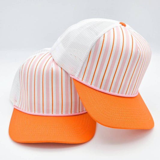 Orange & Pink Stripe Structured Cotton Trucker Hat – Fully Adjustable Boutique Blank Cap