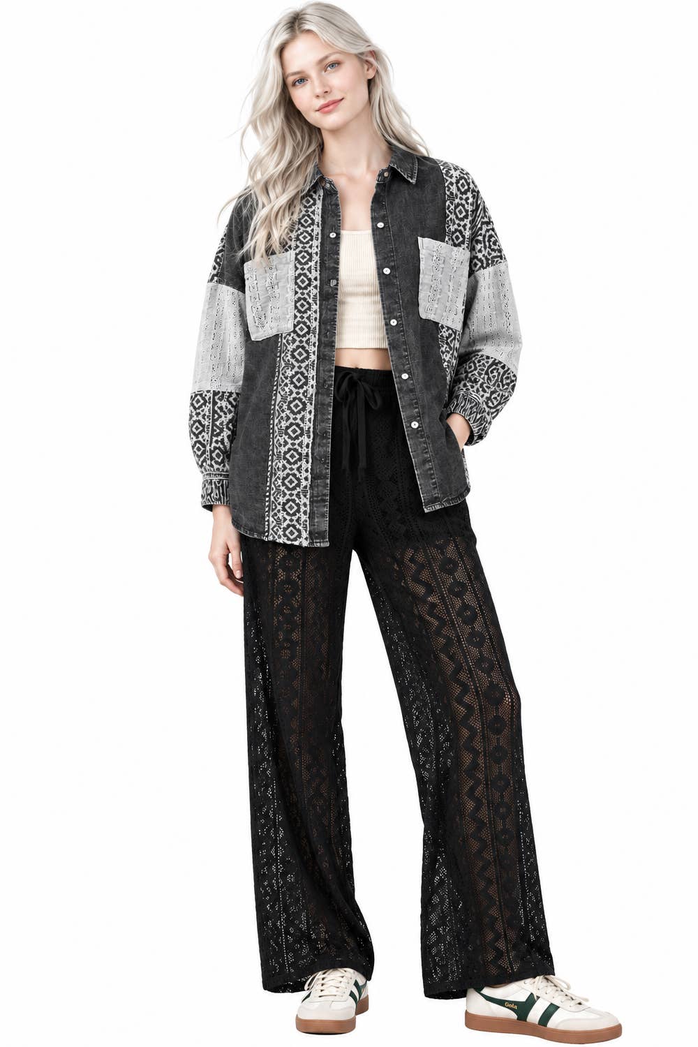 NT12456-Oversized Washed Denim Shirt Top W/ Cont Fabric