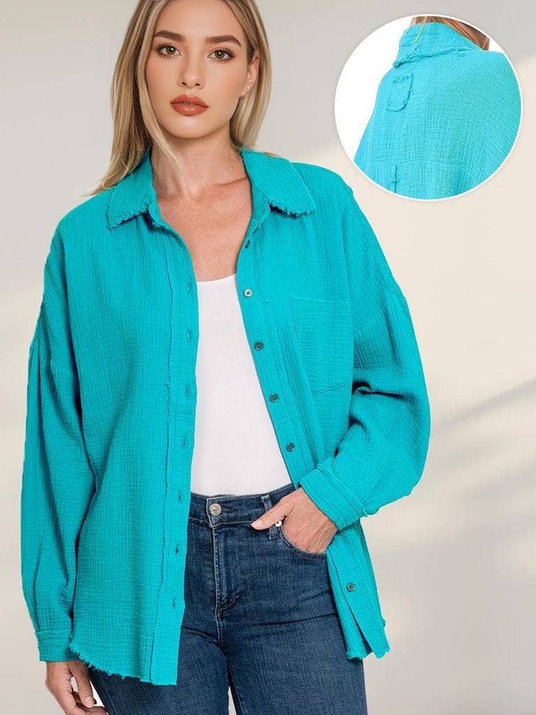 `Oversized Raw Edge Shirt W/ Back Patch Zenana
