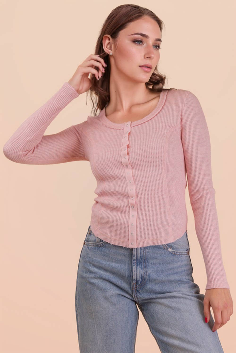 NT12243-Button Down Fitted Knit Casual Top