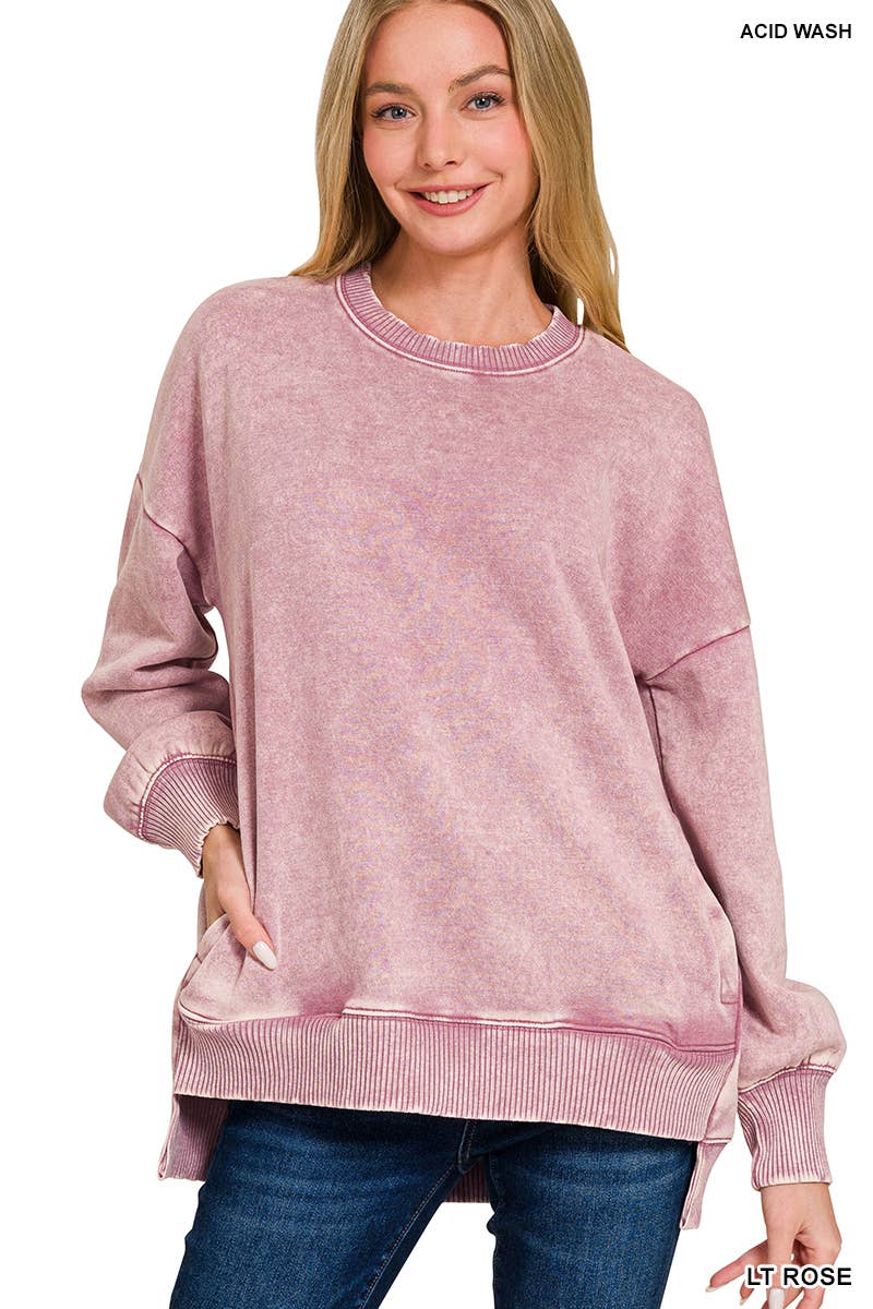 `Fleece Hi-low Sweatshirt With Pockets (Solid/Washed)
