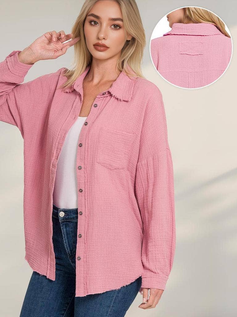 `Oversized Raw Edge Shirt W/ Back Patch Zenana