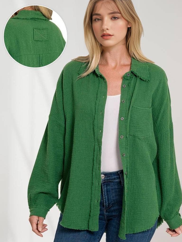 `Oversized Raw Edge Shirt W/ Back Patch Zenana