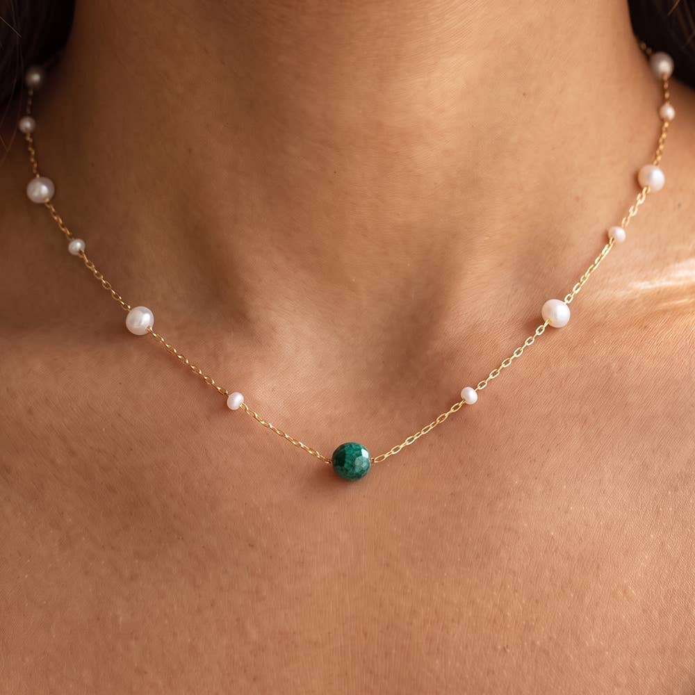 Pearl Station Chain Necklace With Stone Bead