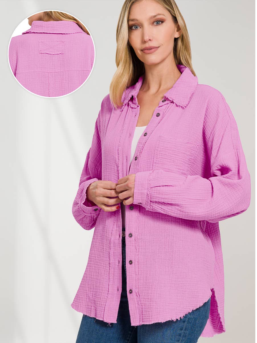 `Oversized Raw Edge Shirt W/ Back Patch Zenana