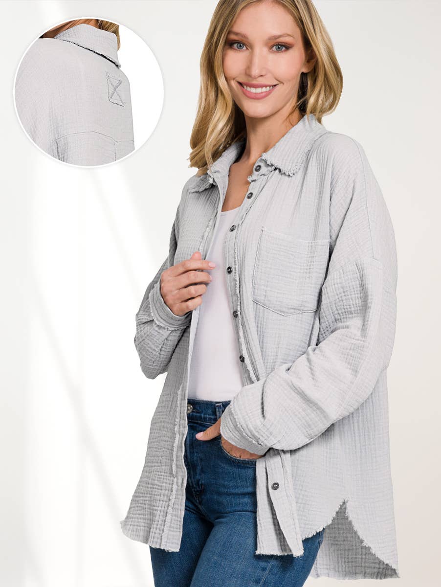 `Oversized Raw Edge Shirt W/ Back Patch Zenana