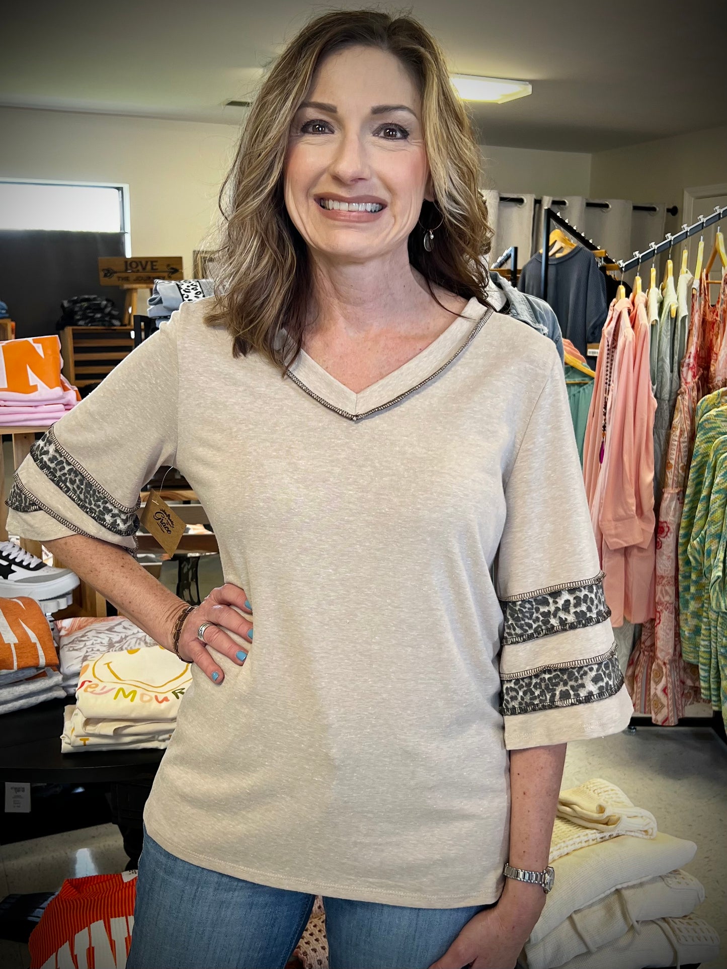 TRIBLEND KNIT WITH LEOPARD BAND DETAIL