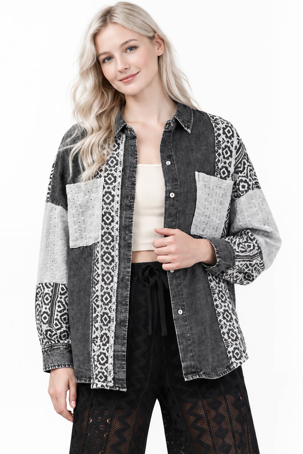 NT12456-Oversized Washed Denim Shirt Top W/ Cont Fabric