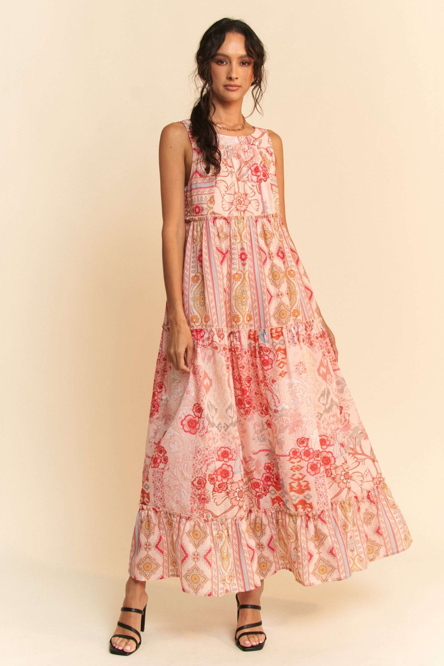 GEO Floral Mix Sleeveless Tiered Maxi Dress