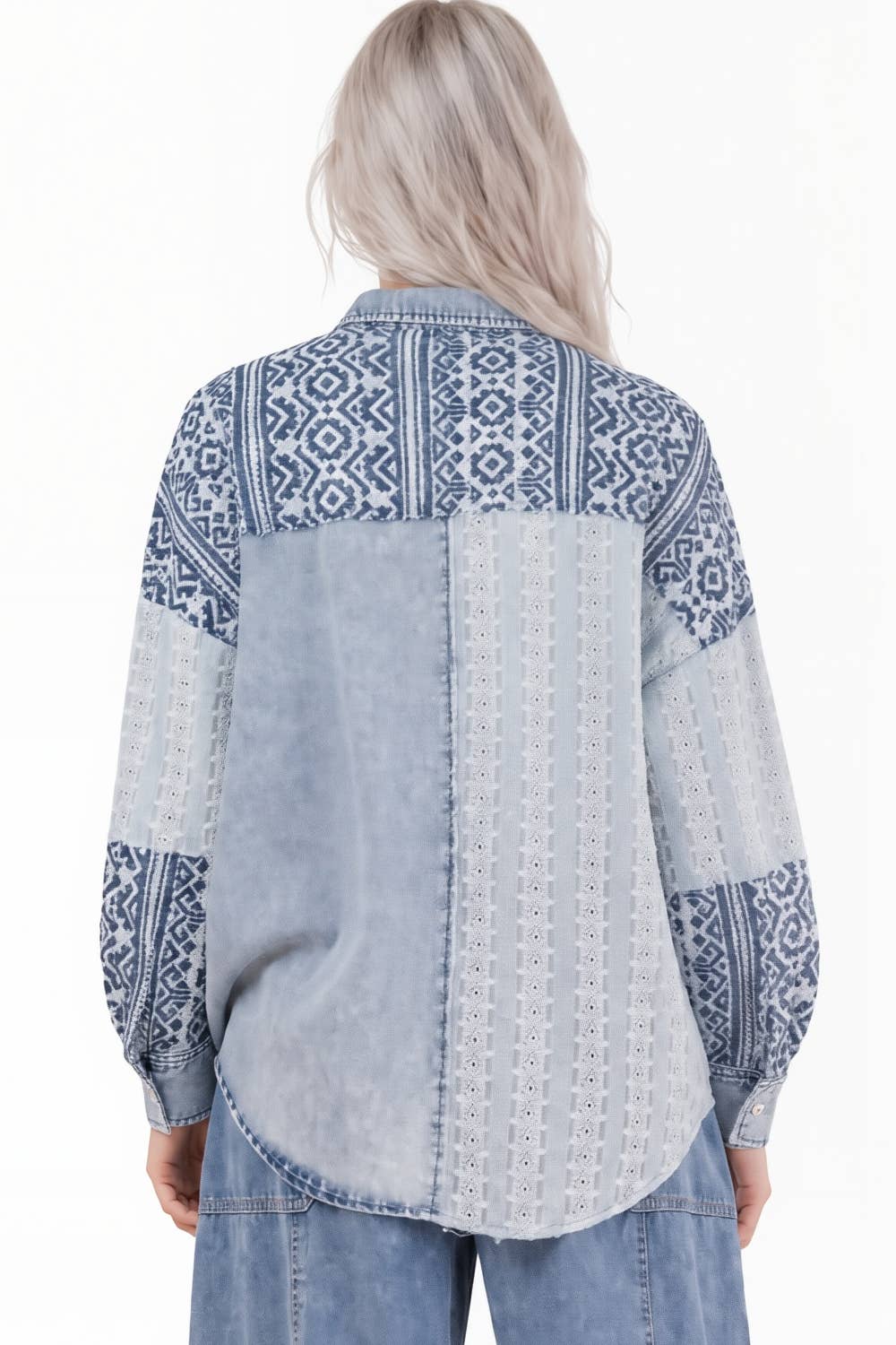 NT12456-Oversized Washed Denim Shirt Top W/ Cont Fabric