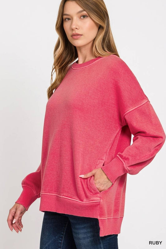 `Fleece Hi-low Sweatshirt With Pockets (Solid/Washed)