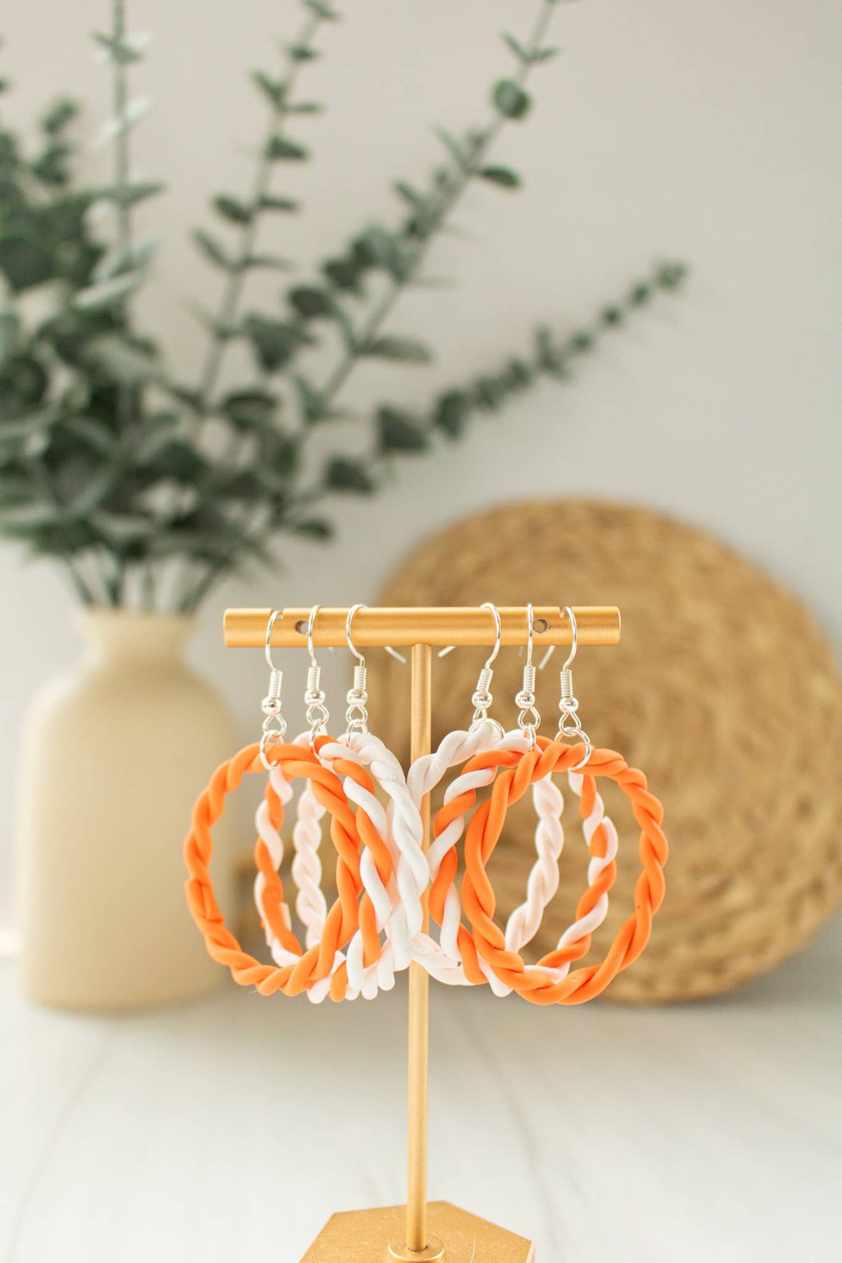 Orange & White Braided Hoops