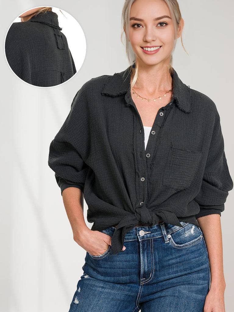 `Oversized Raw Edge Shirt W/ Back Patch Zenana