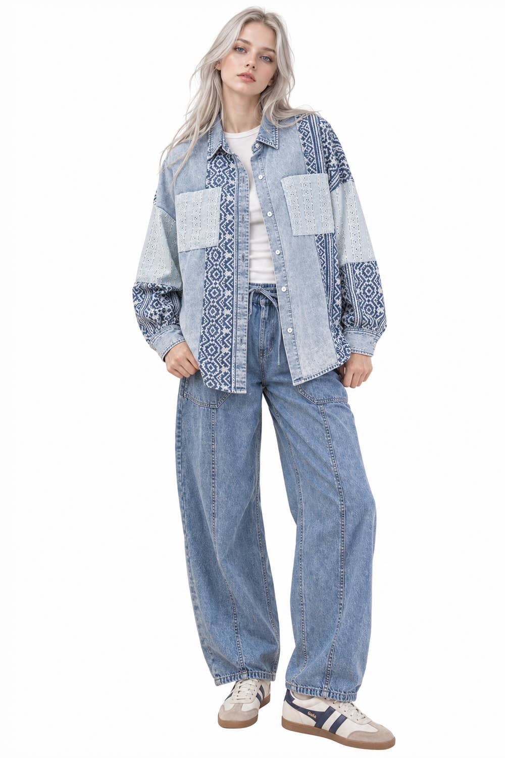 NT12456-Oversized Washed Denim Shirt Top W/ Cont Fabric