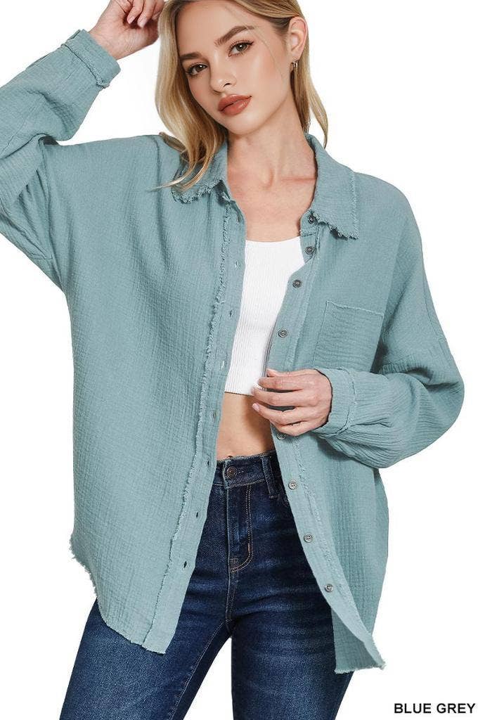`Oversized Raw Edge Shirt W/ Back Patch Zenana