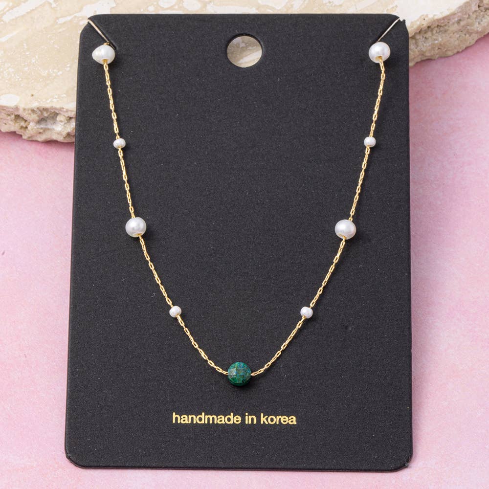 Pearl Station Chain Necklace With Stone Bead