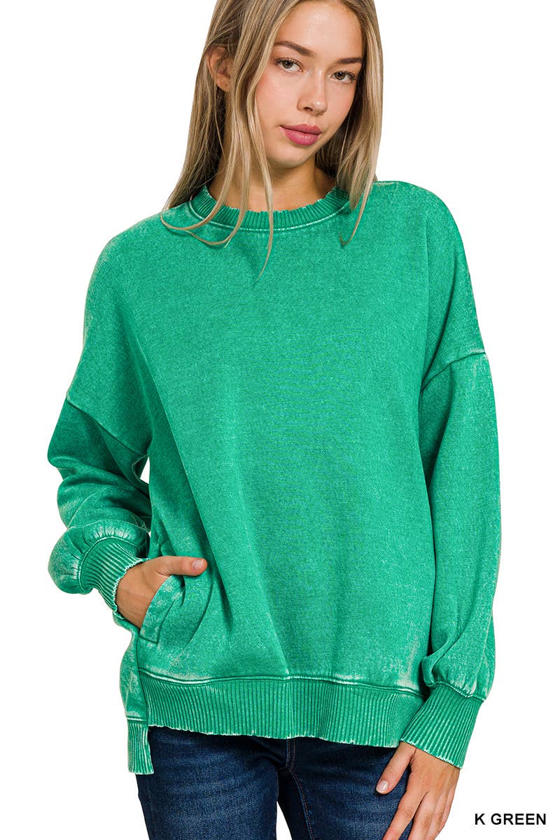 `Fleece Hi-low Sweatshirt With Pockets (Solid/Washed)