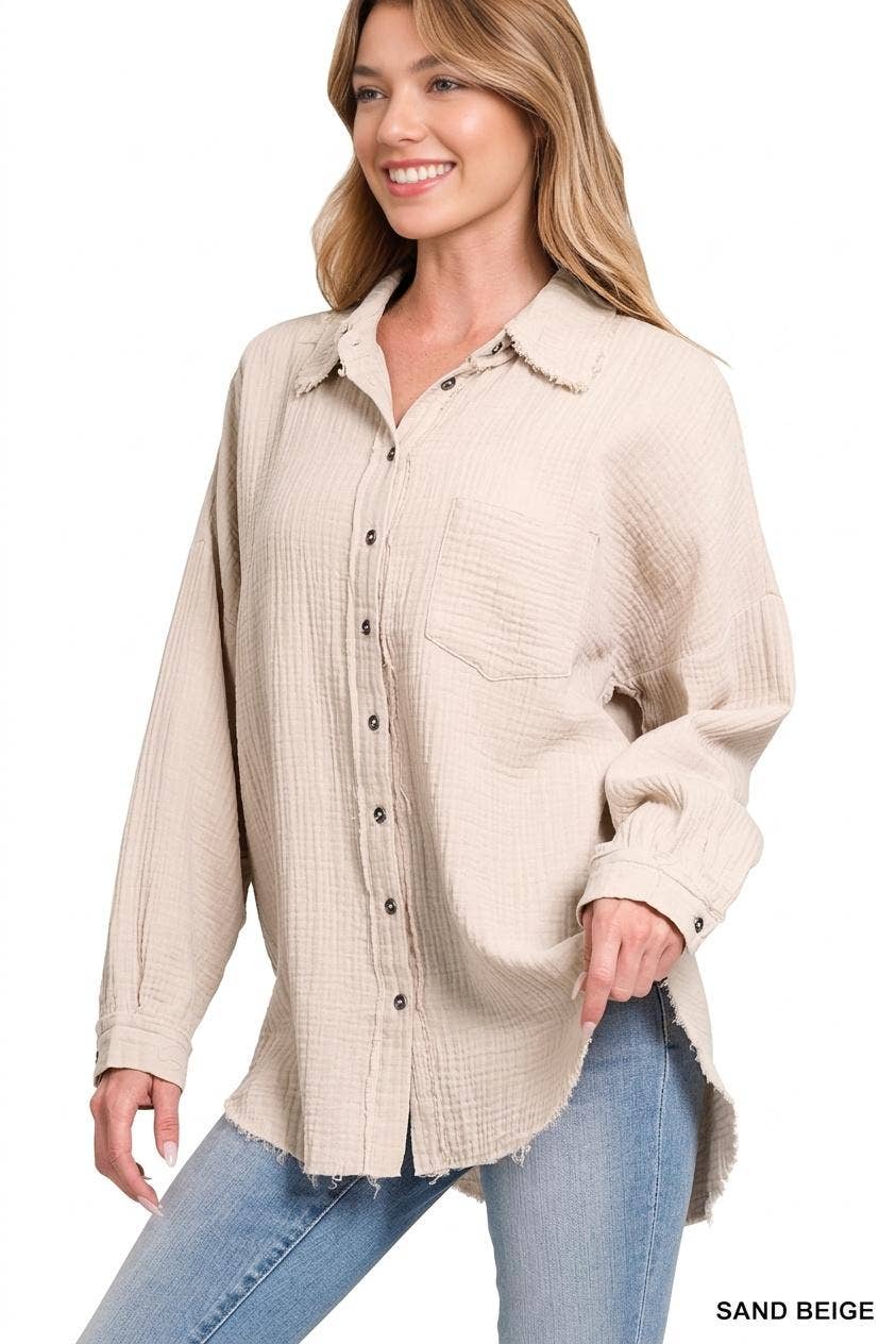 `Oversized Raw Edge Shirt W/ Back Patch Zenana
