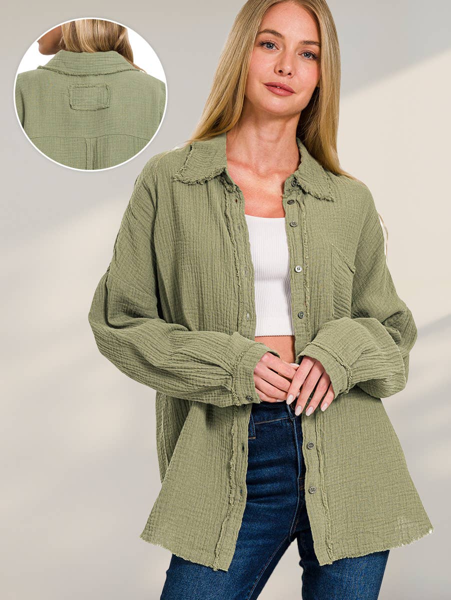 `Oversized Raw Edge Shirt W/ Back Patch Zenana