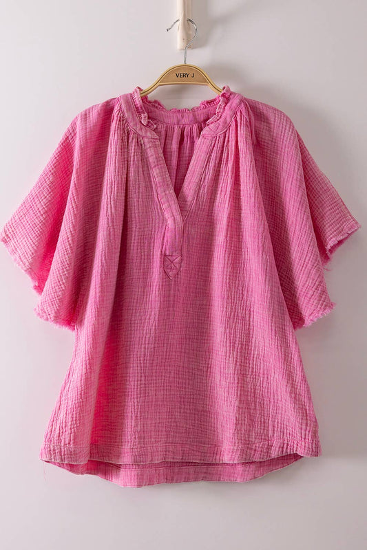 NT12540-Mineral Washed Gauze Blouse Top