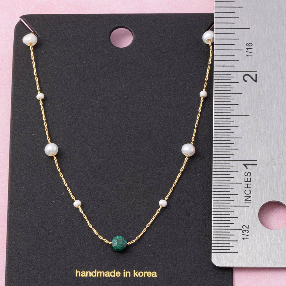 Pearl Station Chain Necklace With Stone Bead
