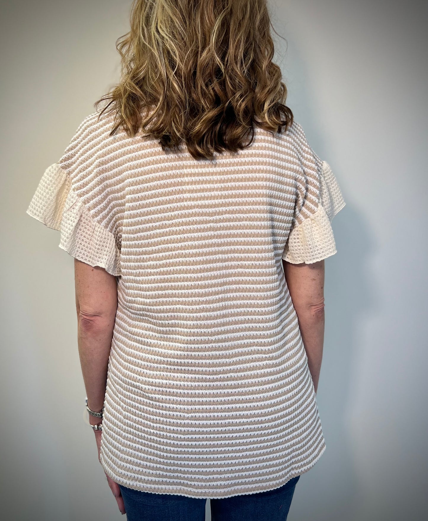 Bow Trim Waffle Knit Color Block Short Sleeve Top