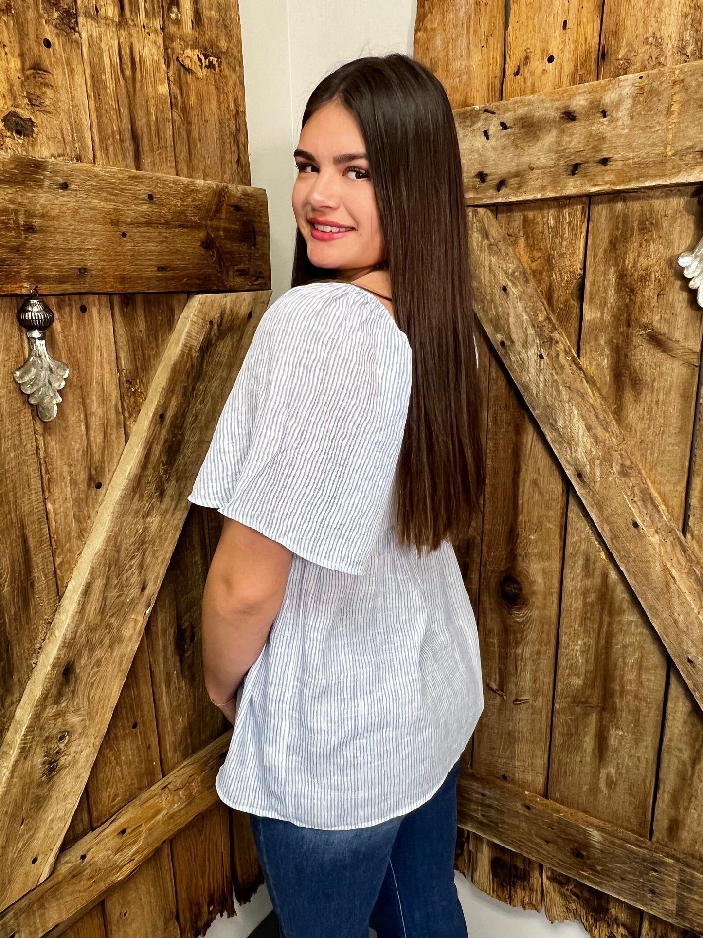 Thin Striped Puff Sleeve with Tie Front