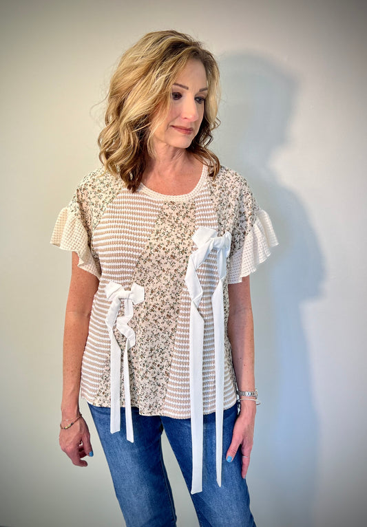 Bow Trim Waffle Knit Color Block Short Sleeve Top