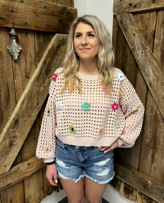 Crochet Sweater Top with Flowers