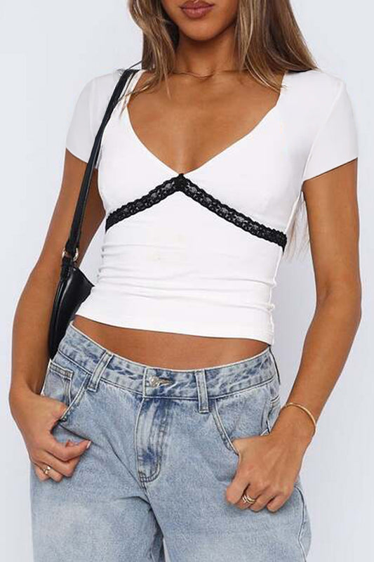 Elastic Color Block Lace Trim Deep V Neck Shirt