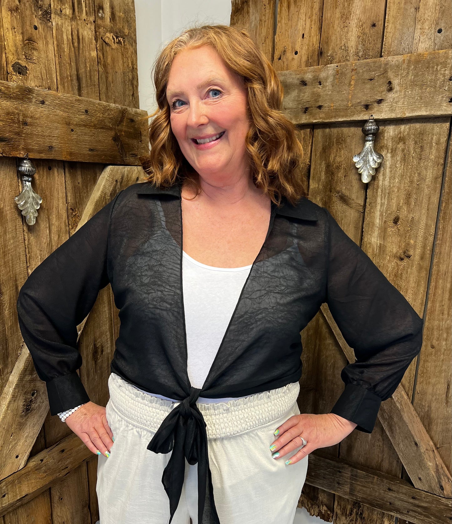 Woven Front Open & Tie Blouse with Big Colar