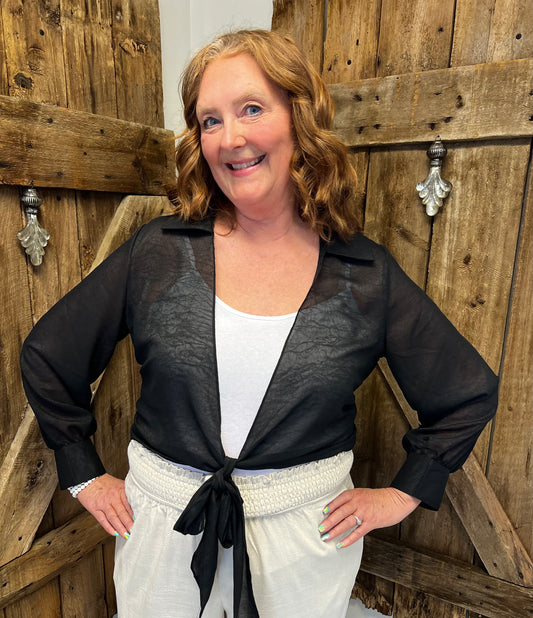 Woven Front Open & Tie Blouse with Big Colar