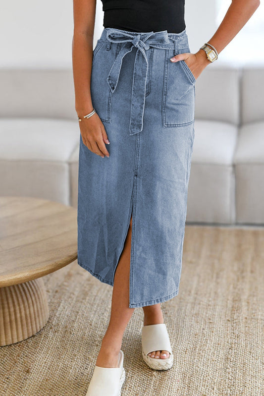 Denim Belted Slit Midi Skirt