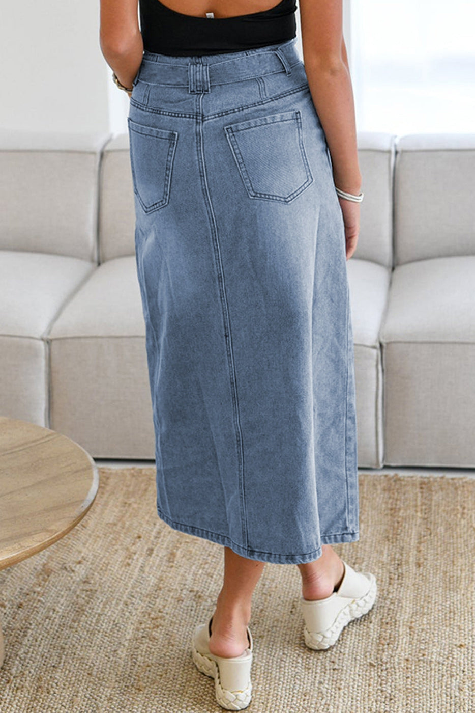 Denim Belted Slit Midi Skirt