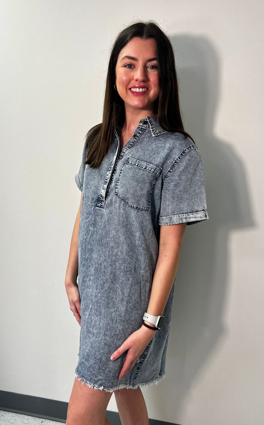 Frayed Hem Half Buttoned Vintage Washed Dress