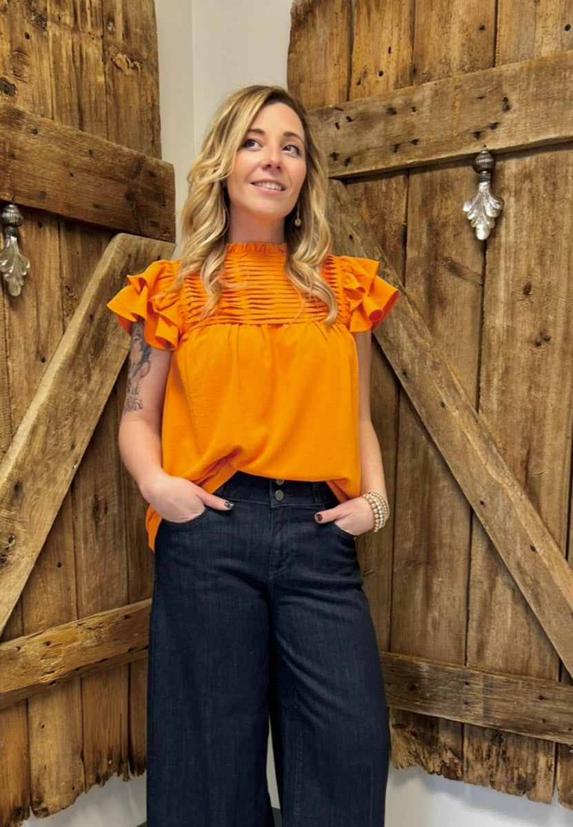 Ruffle Sleeve Pleated York Woven Top